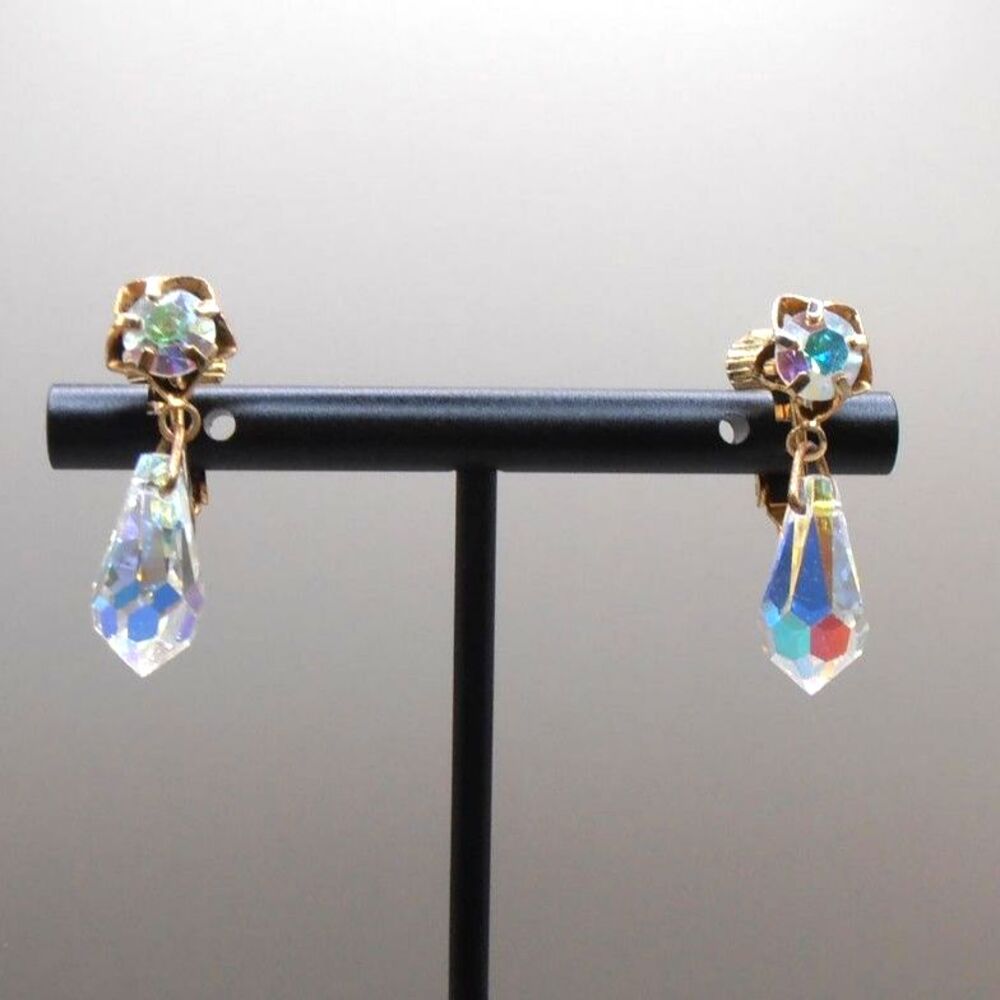 Vintage Aurora Borealis Clip-On Earrings | Faceted Crystal Teardrops, Gold Tone